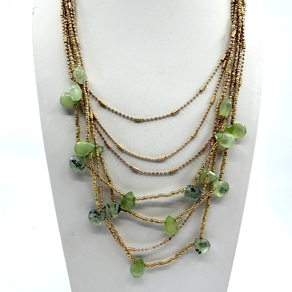 Y2K Green Beaded Statement Necklace - Gold Tone Boho Festival Jewelry